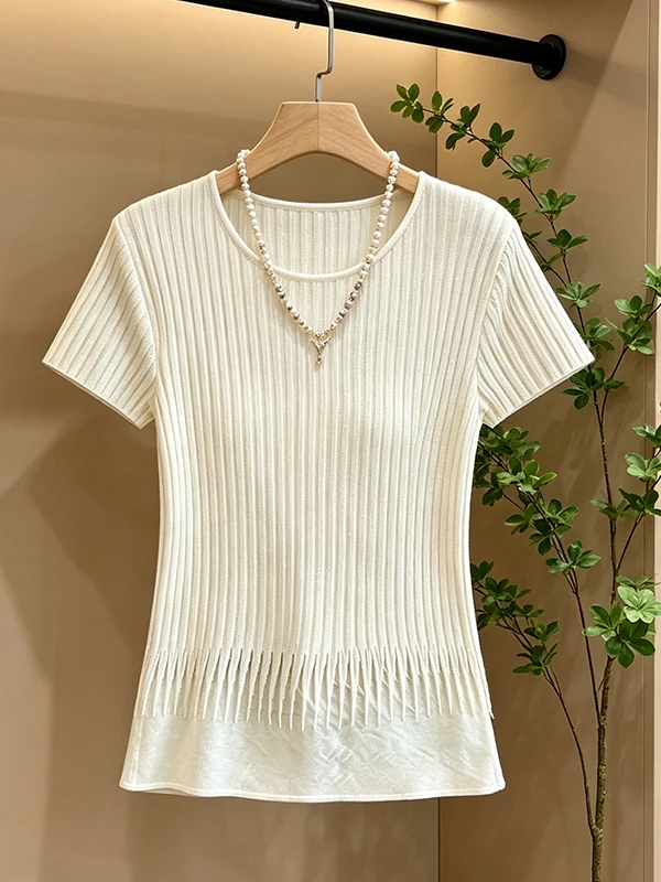 

plus Size Summer New round Neck Splice Ogees Short Sleeve Women's Top Knitted Shirt Shoulder Width Regular Fabric Lightweight