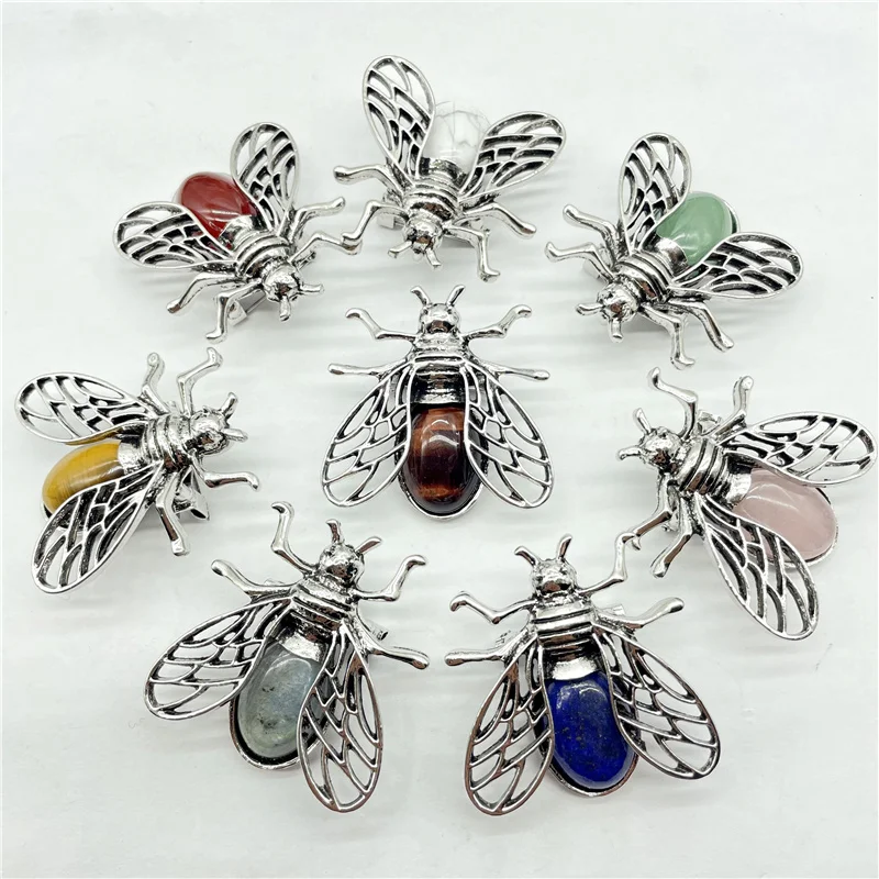 Natural Gem Stone Quartz Crystal Animal Spider Insect Archaize Silver Pendant Brooch Dual-use Jewelry Making Accessories 6pcs