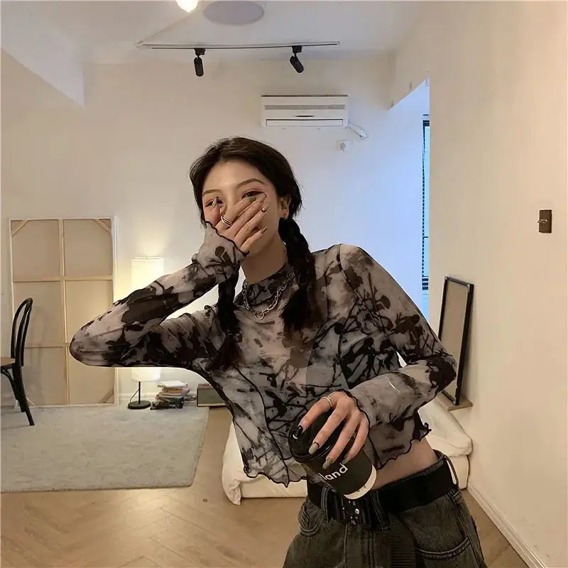 Summer Thin Sheer Gauze Irregular Halo Dyed Hottie Fashion Base Long Sleeve T-shirt Short Flanged Lolita Personality Tops