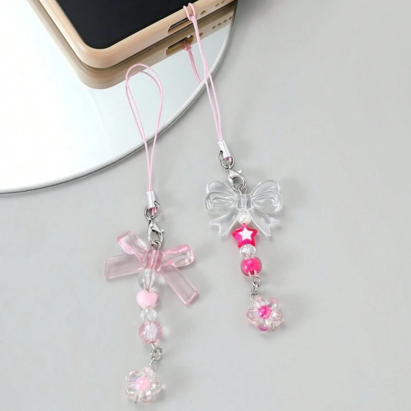 Loves Heart Phone Pendant Star Flower Bowknot Tassels Y2k Girl Heart Phone Rope Niche Keychain Handmade Beads Lanyard