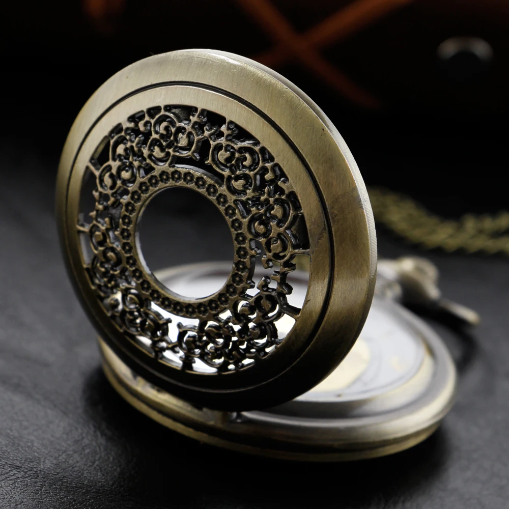 Bronze Exquisite Pattern Hollow Quartz Pocket Watch Fashion Pendant Necklace Male and Female Students Festival Gift