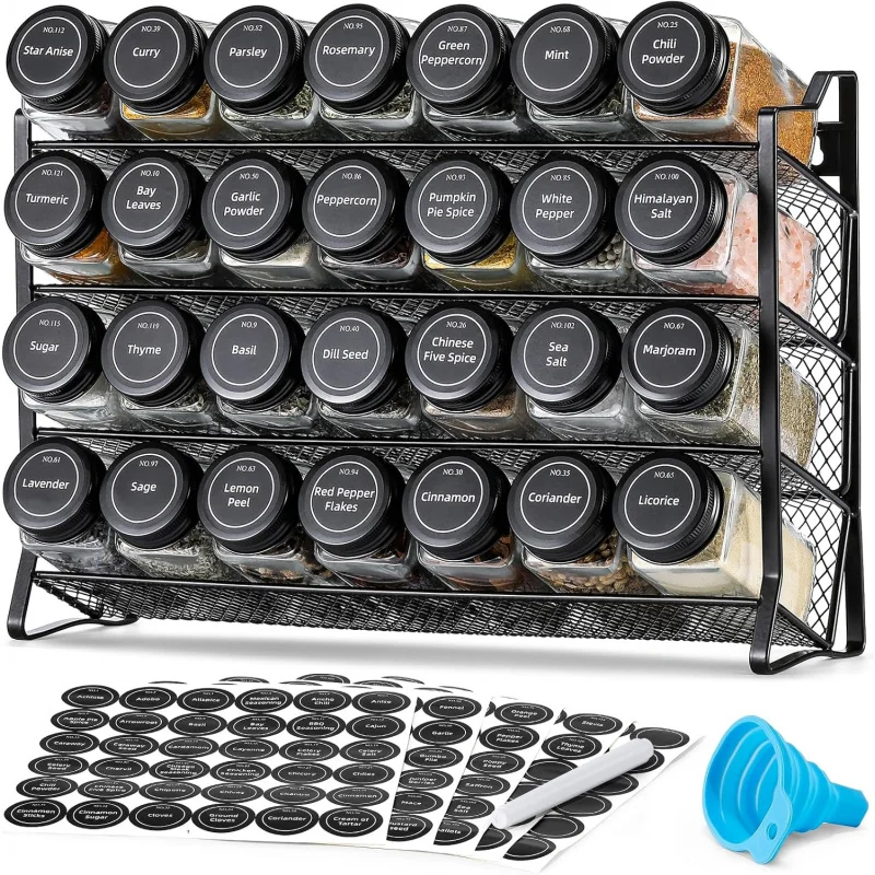 

Spice Rack Organizer with 28 Empty Jars Black Lids Funnel & Labels for Kitchen Cabinet Countertop Pantry Cupboard