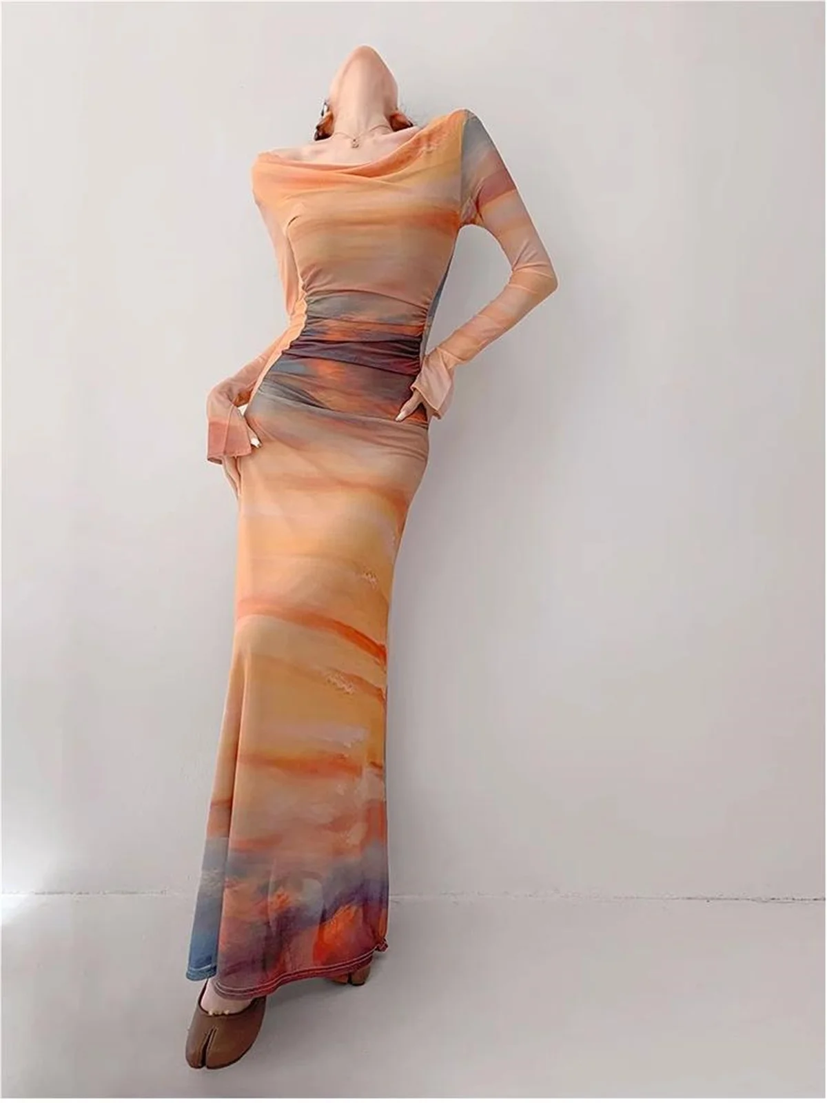 Vacation outfits 2024 Summer dress elegant evening party dresses for women tie dye dresses luxury long dresses mesh flare sleeve