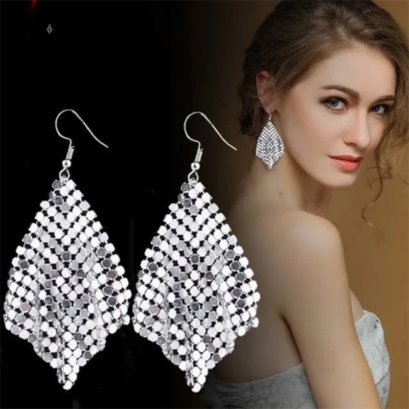 Korean Fashion  Sequins Long Tassel  Earrings Square Scaled Variable Earrings Party Latin Dance  Earrings Wholesale