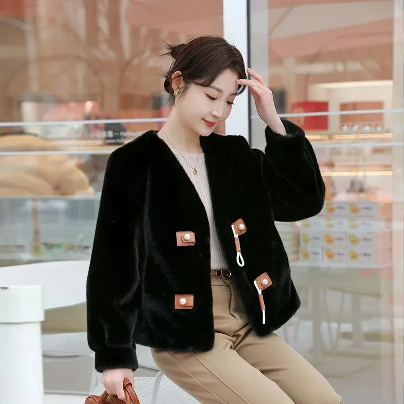 2024 Spring And Autumn Women Lazy New Eco Friendly Mink Fur Retro Coat Chinese Loose Fit Coat Fashionable Pearl Buckle Cardigan