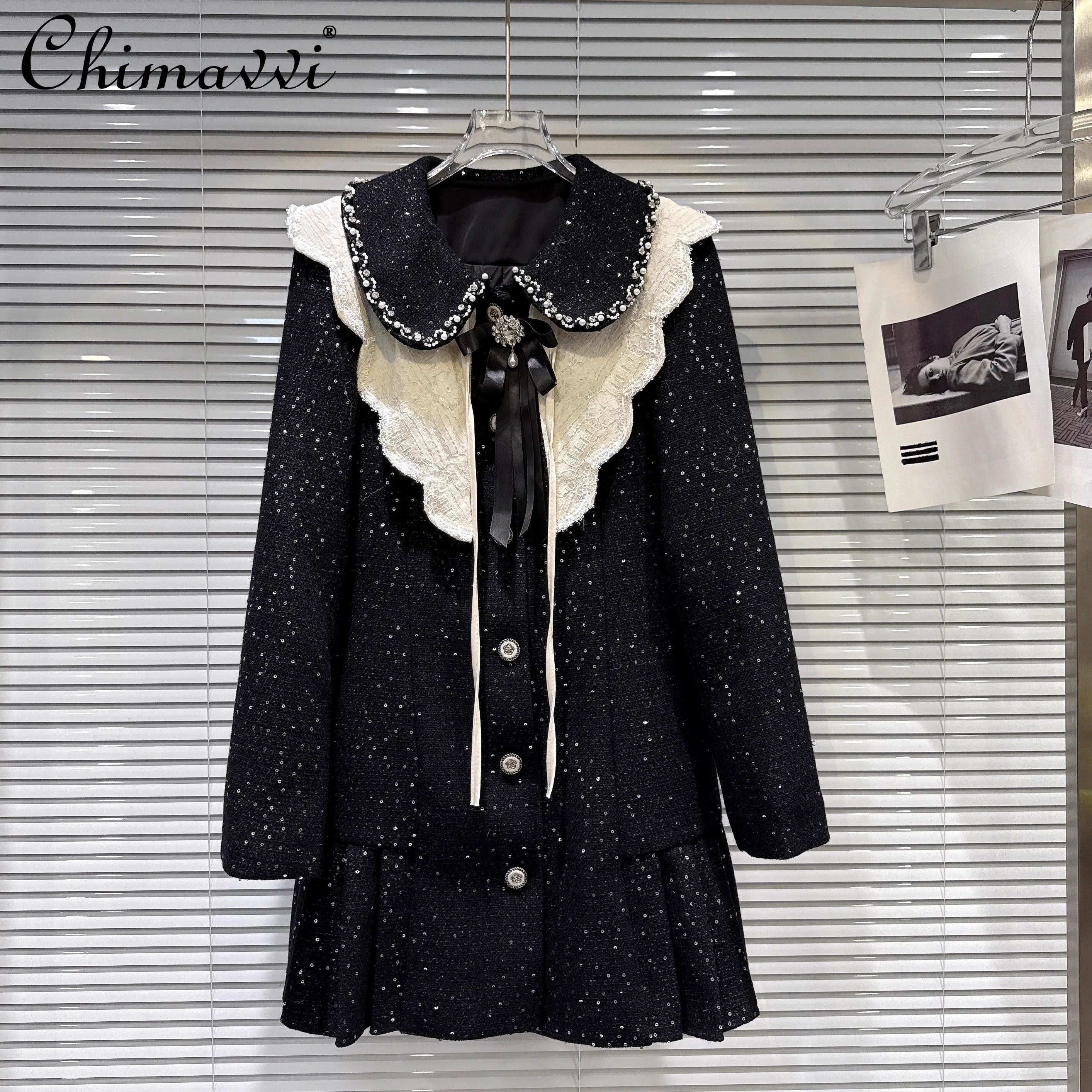 

French Elegant Socialite Pearl Beaded Doll Collar BowtieSingle-Breasted Versatile Down Coat Long Trench Jacket for Women Winter