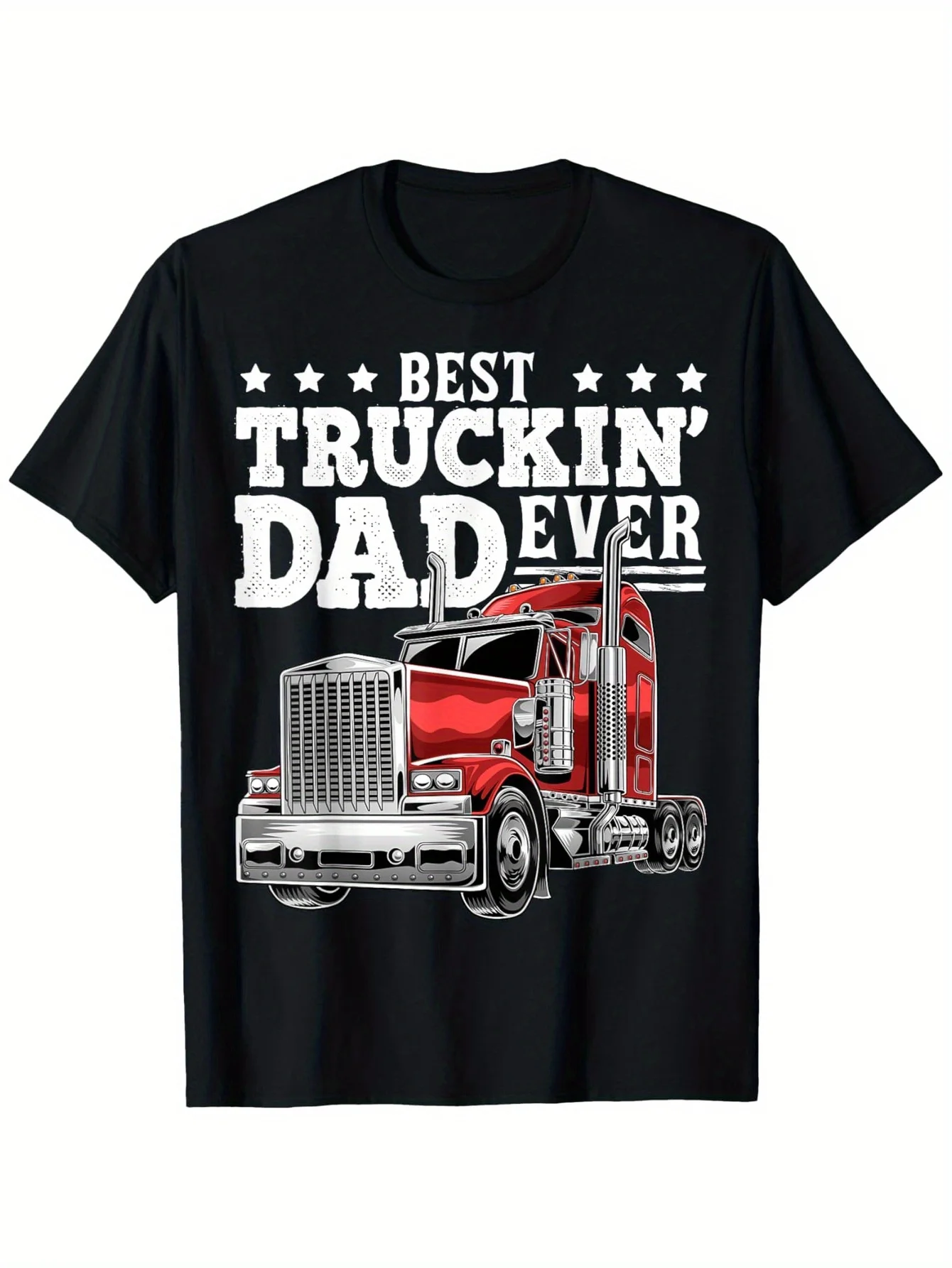 Best Truckin Dad Ever Men s Cotton T-Shirt - Black Casual Round Neck Tee with Red Truck Print, Perfect Father s Day Gift