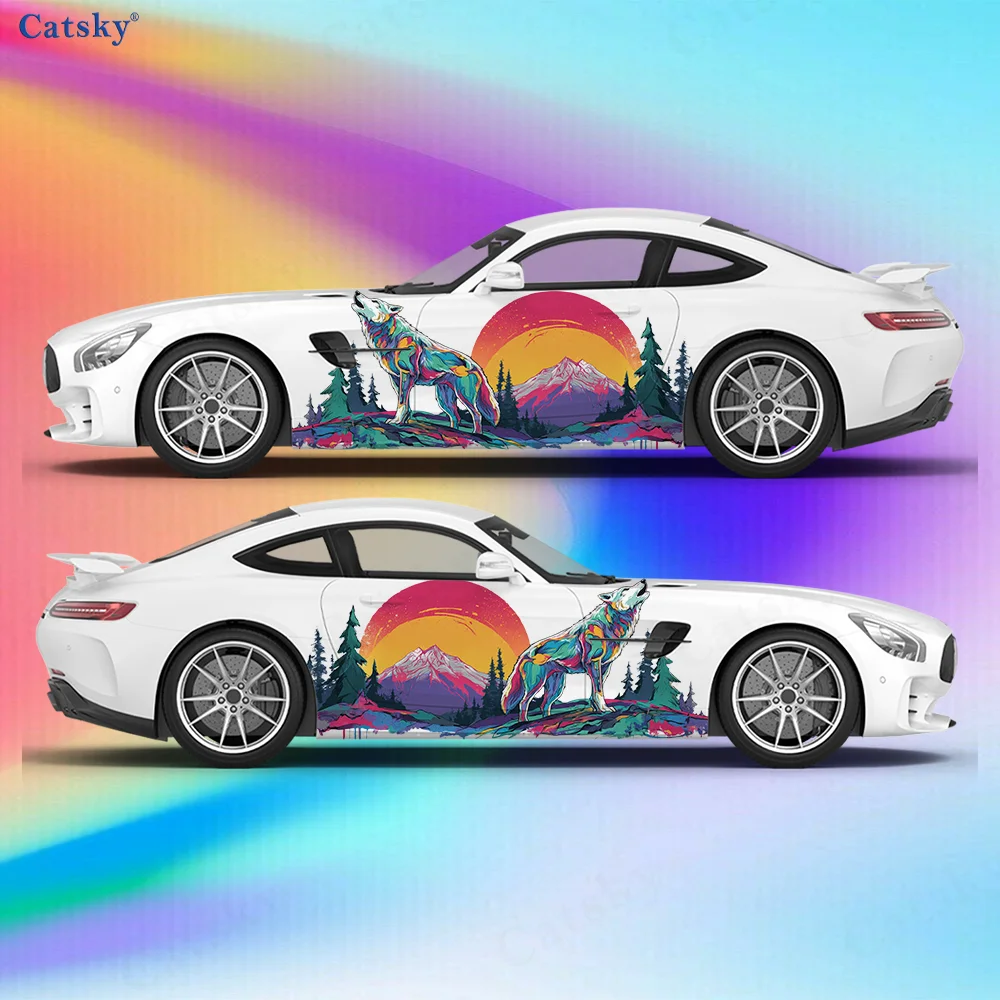

Wolf Sun Cliff Forest Car Vinyl Wraps Decal Self-adhesive PVC Sticker Suitable for Trucks SUV Decoration Auto Accessories Gift