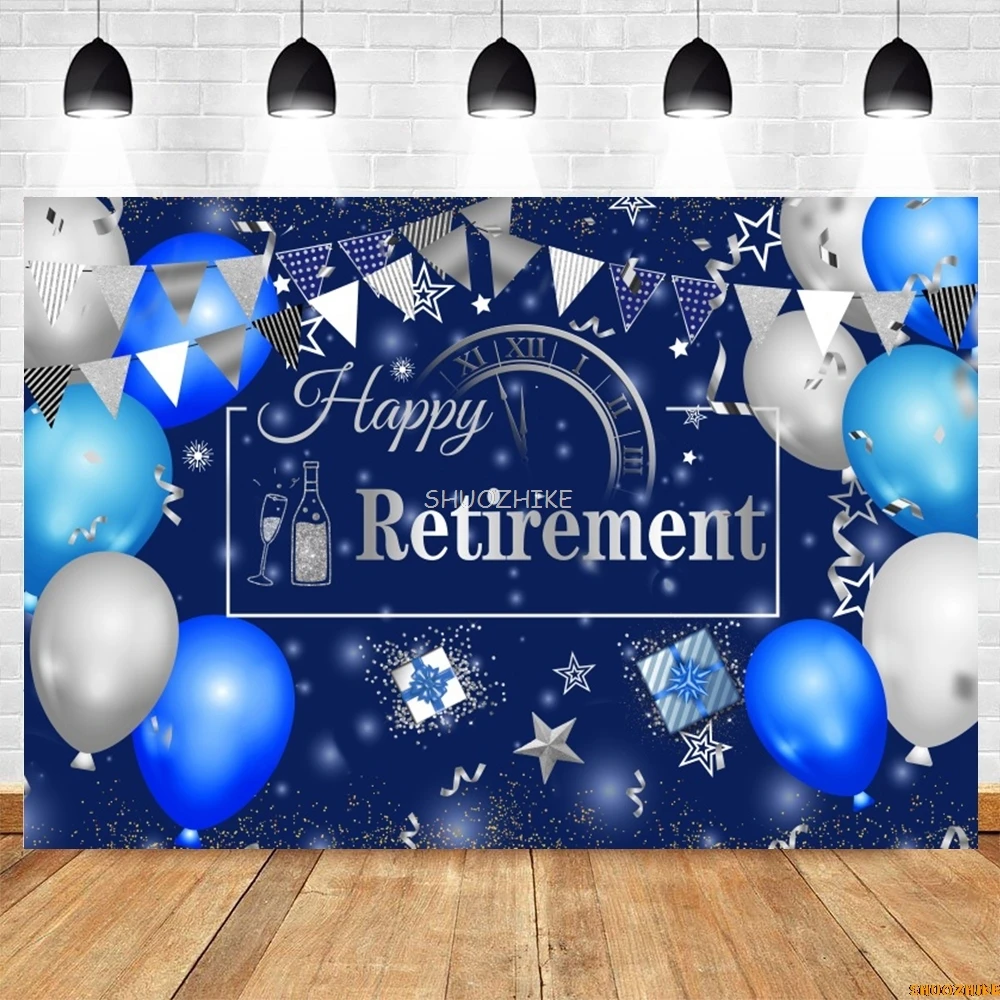 Happy Retirement Backdrop Blue Gold Glitter Balloons Adult Portrait Family Party Photography Backdrop Cake Table Decor Banner