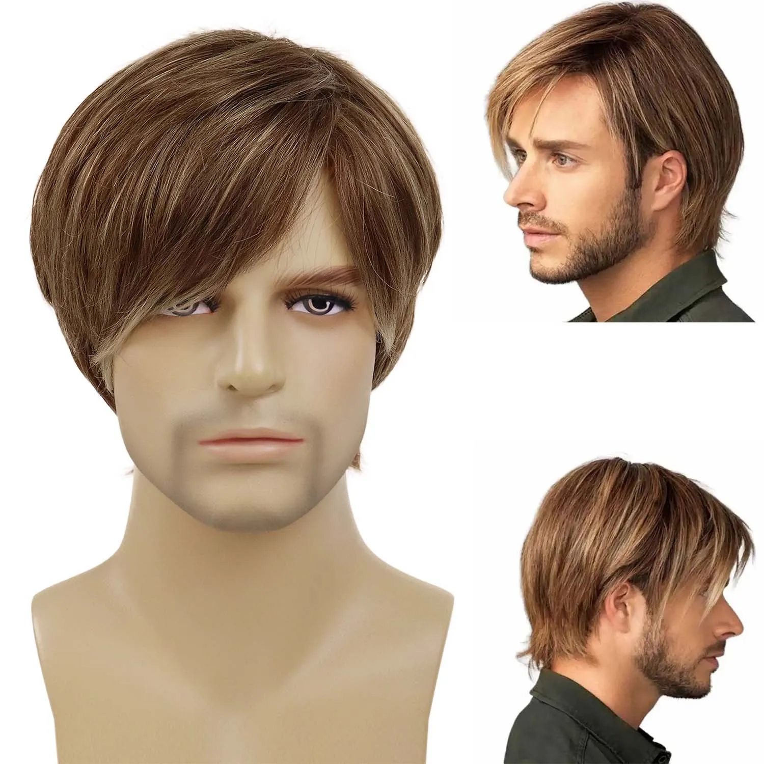 Synthetic Men Wig Short Mixed Brown Hair Trendy Wigs with Bangs Straight for Men Cosplay Wig Natural Clearance Sale Cheap Wigs