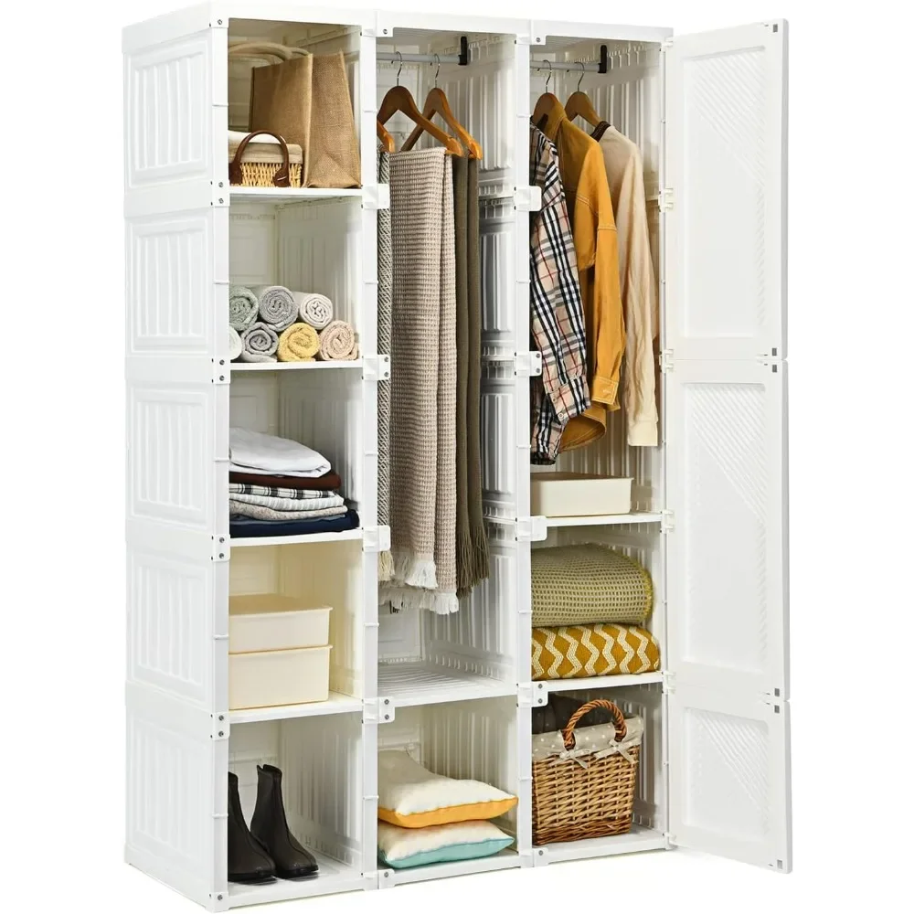 Foldable Clothes Organizer with Cubby Storage, Hanging Rods, Easy Assemble Clothing Storage with Magnet DoorsArmoire