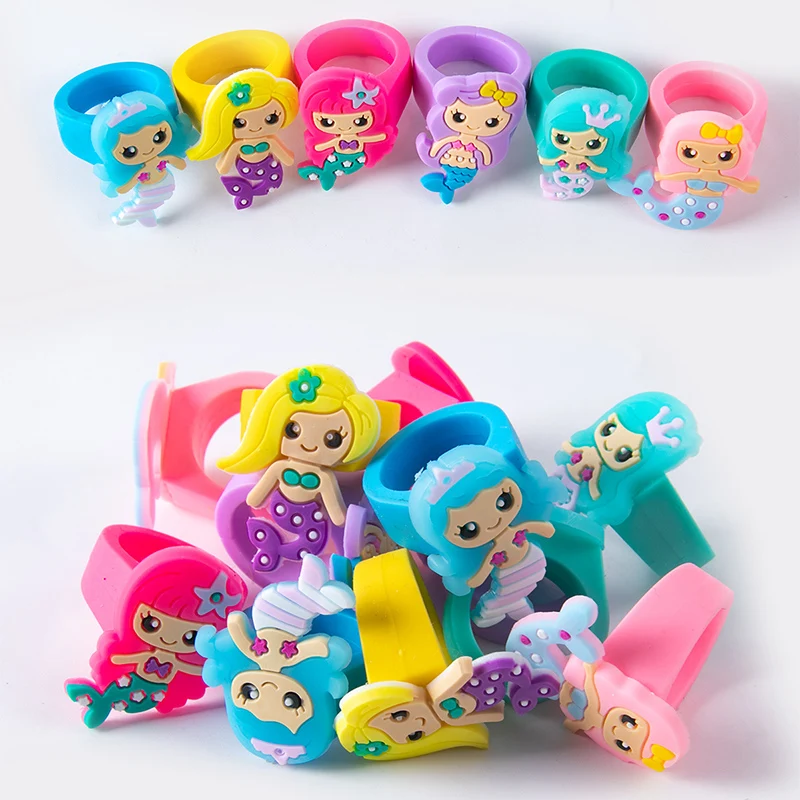 12szt Cartoon Mermaid PVC Finger Ring Mermaid Theme Girls 1st 2th 3st Birthday Party Favors Little Mermaid Party Kids Gift