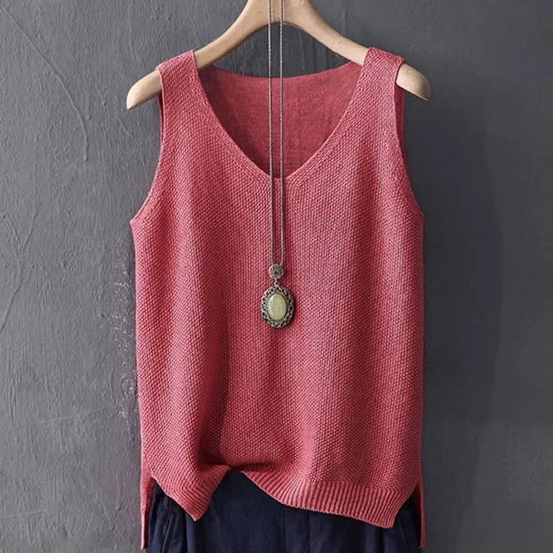 

Summer Sleeveless Knitted Blouse Women Tops V-Neck Blouse Women Pullover Blusas Mujer De Moda 2024 Verano Blouse Women Tank C855