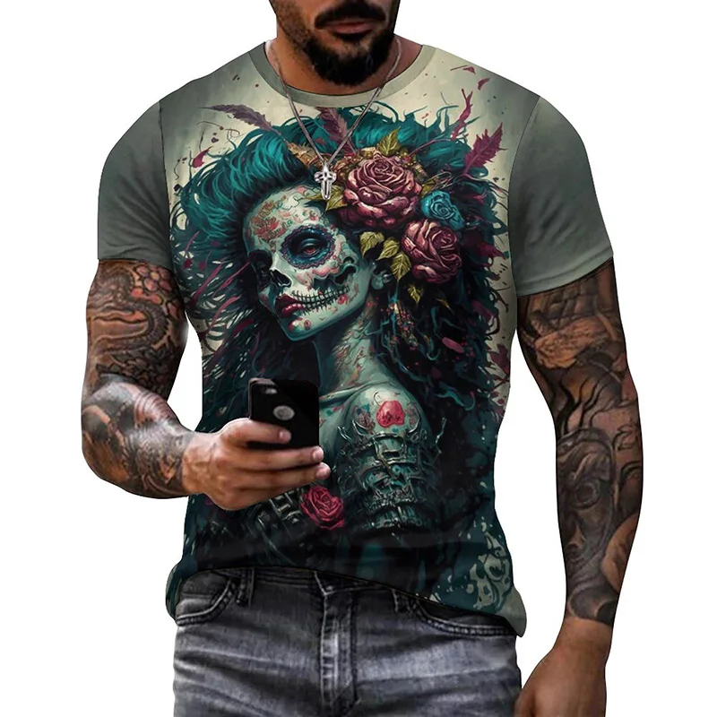 Koszulka graficzna z meksykańską czaszką dzień śmierci dla mężczyzn damska odzież Graffiti Horror Goth T-shirty moda Streetwear topy koszulki