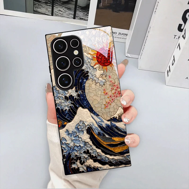 Kanagawa waves Japan style Tempered Glass Fashion phone case for Samsung Galaxy S26/S25/S24/S23/S22 FE Ultra Plus Dropresistant