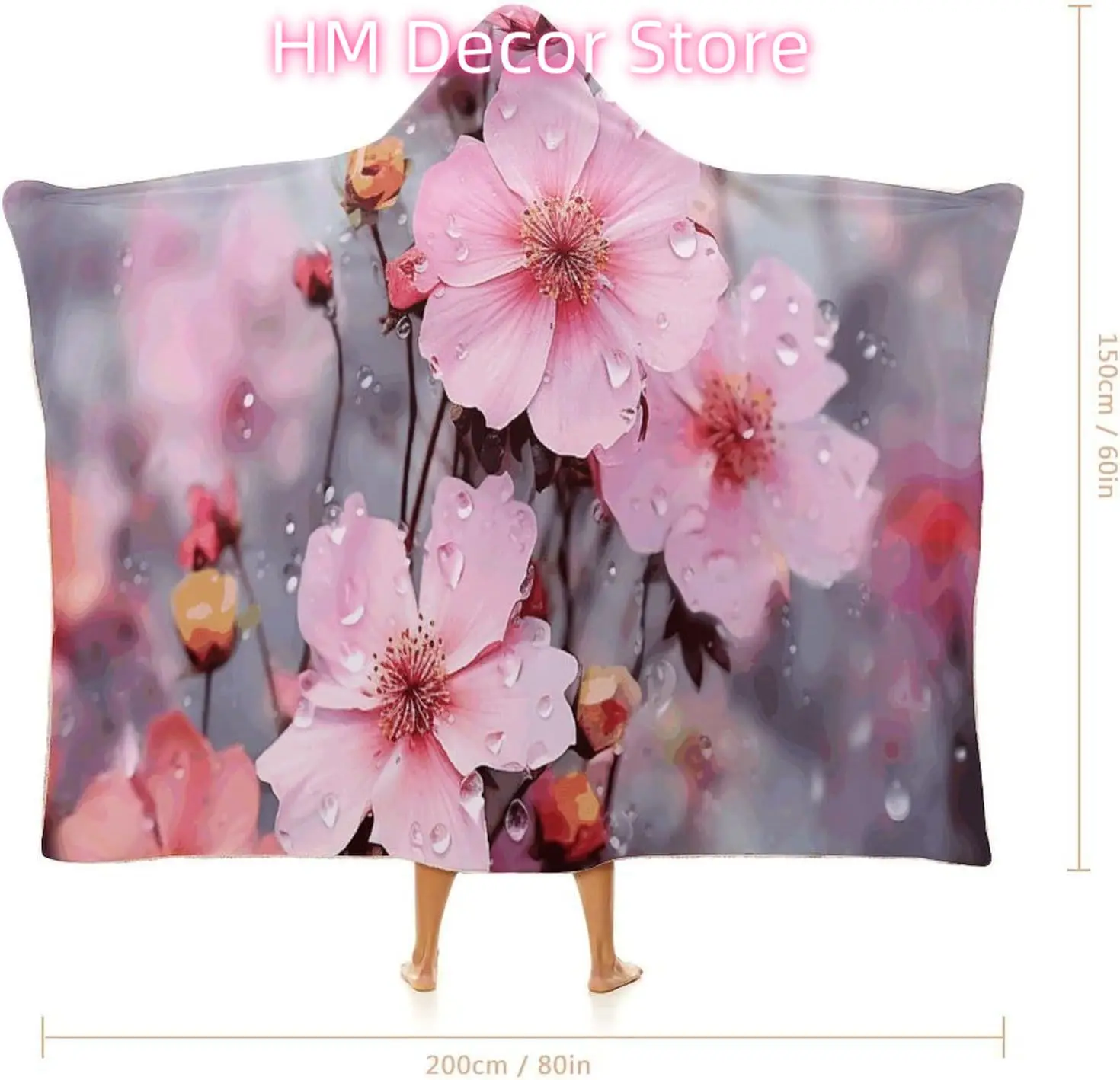Beautiful Flower Wearable Hooded Blanket, Ultra Soft Arctic Velvet Cape Cloak Unisex - Cozy Wearable Blanket
