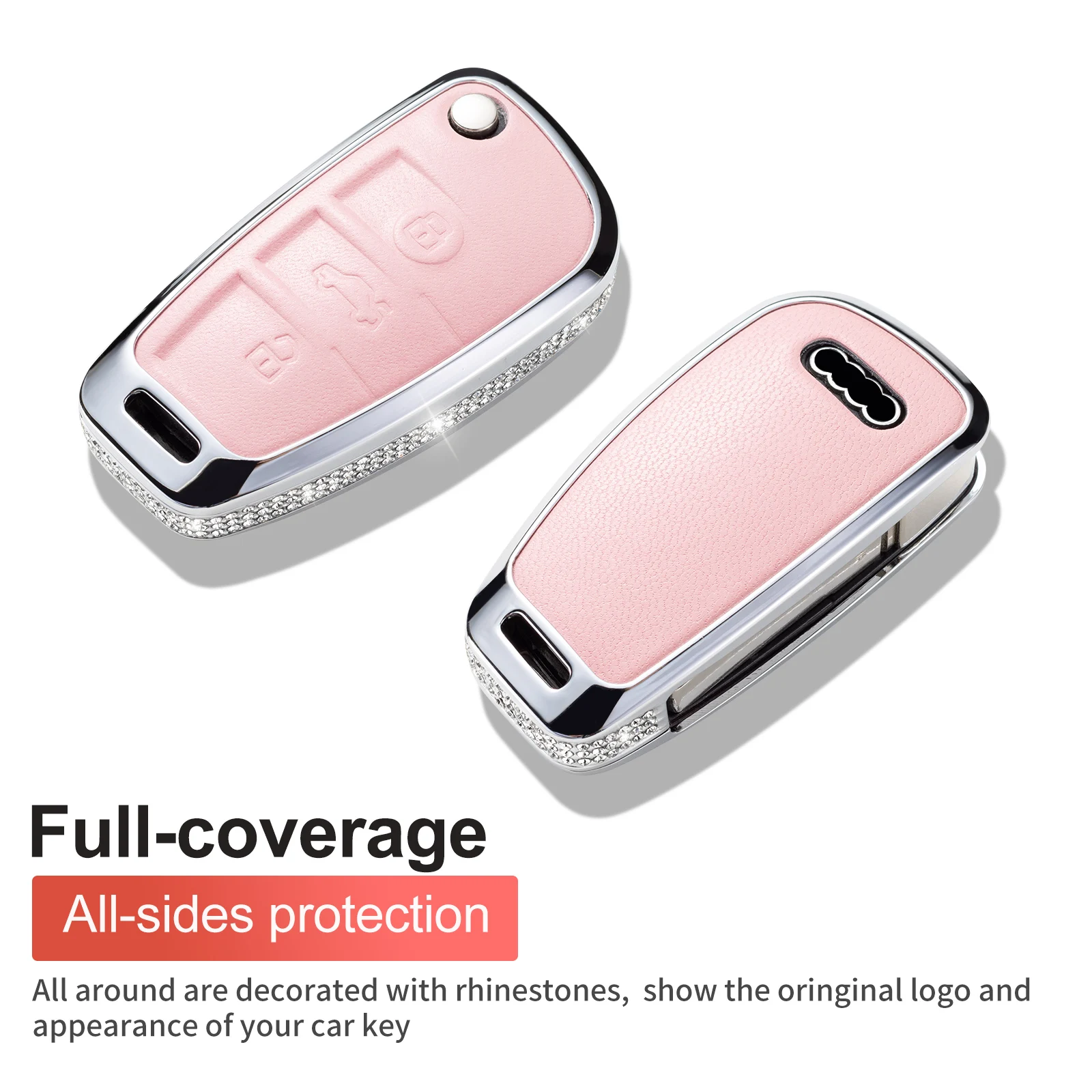 Compatible with Audi Key Fob Cover, Pink Genuine Leather Crystal Key Case Protection Shell for A1 A3 Q3 Q7 R8 A6L TT Smart Key