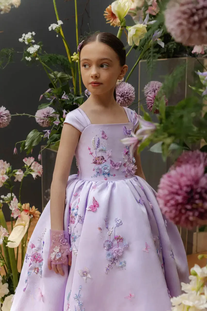 فستان أنيق لفتاة الزهور لحفلات الزفاف مزين بياقة مربعة مطرز بالخرز وحفلات أعياد الميلاد الأولى حسب الطلب