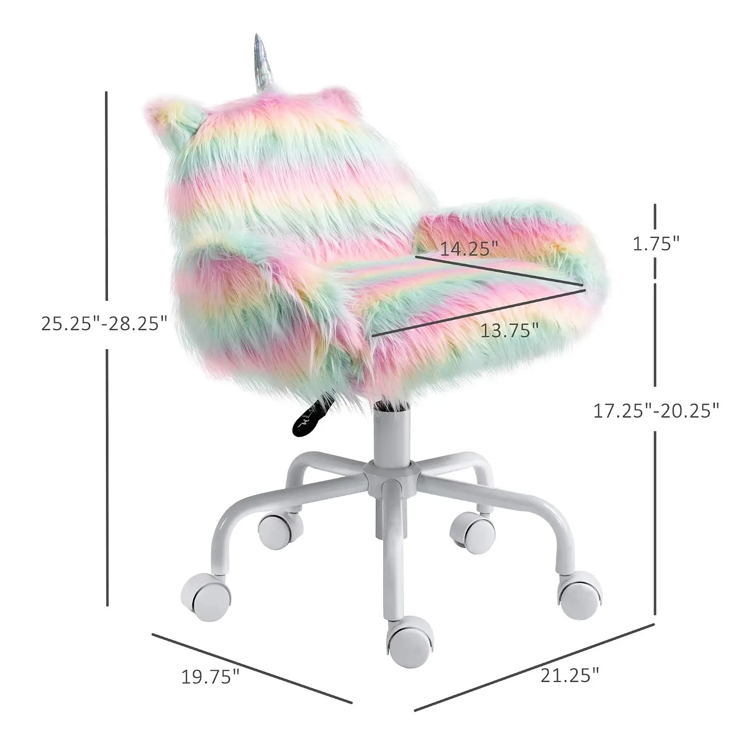 Fluffy Unicorn Office Chair, Mid-Back Support, Rainbow | with Armrest Support, 5 Star Swivel Wheel, White Base, Customized view 3