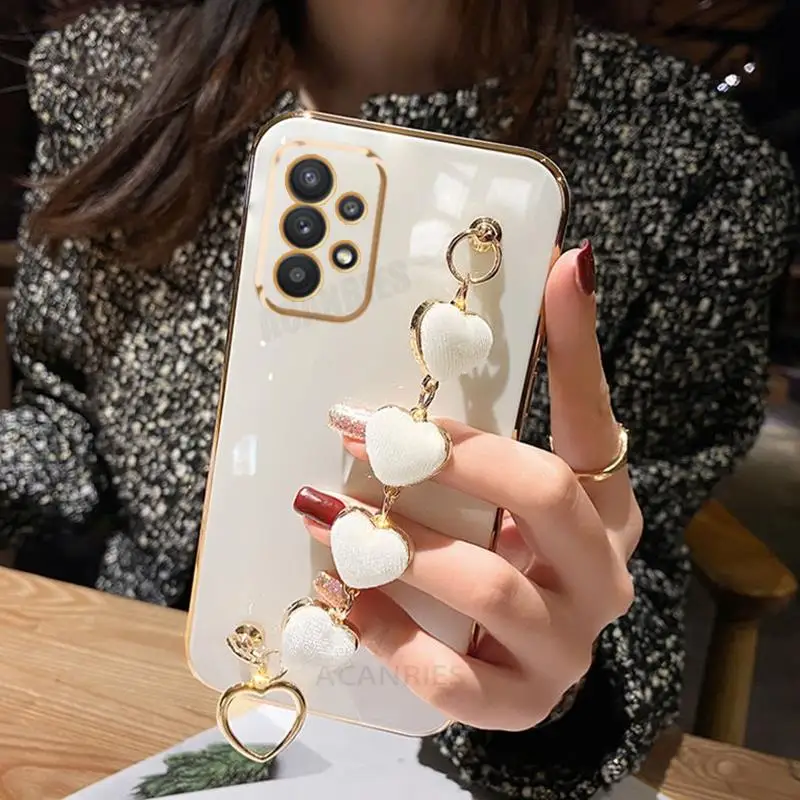 Love Heart Bracelet Plating Case On For Samsung Galaxy A52 A53 A73 A13 A32 4g 5g Chain Silicone A 52 32 13 73 A72 A23 A33 Cover