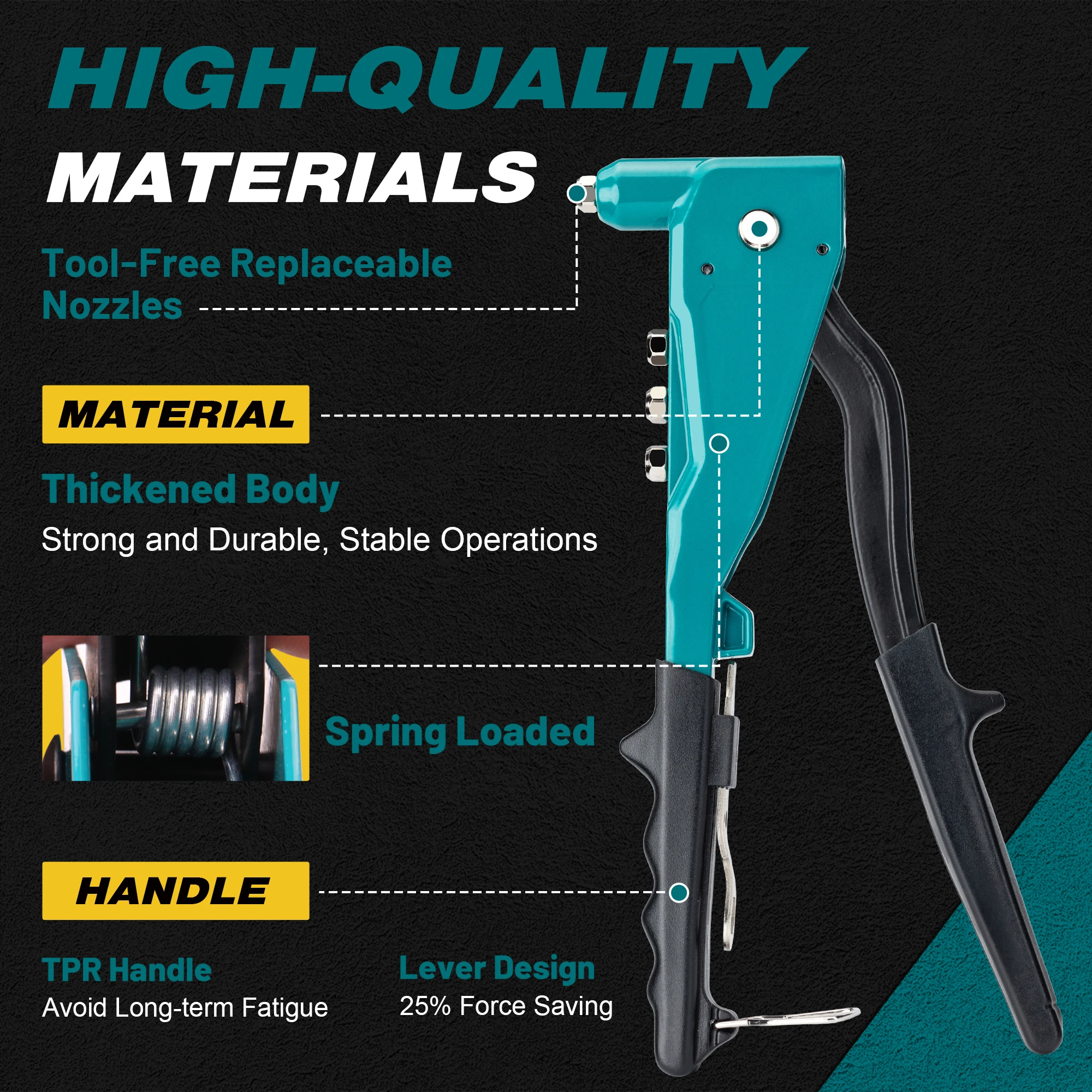 Heavy Duty Rivet Gun, Pop Rivet Gun Set, Professional Hand Riveter Manual Riveting Tool with 110 Rivets, 4 Interchangeable Heads, for Metal, Wood and Plastic, DIY Repairs 3