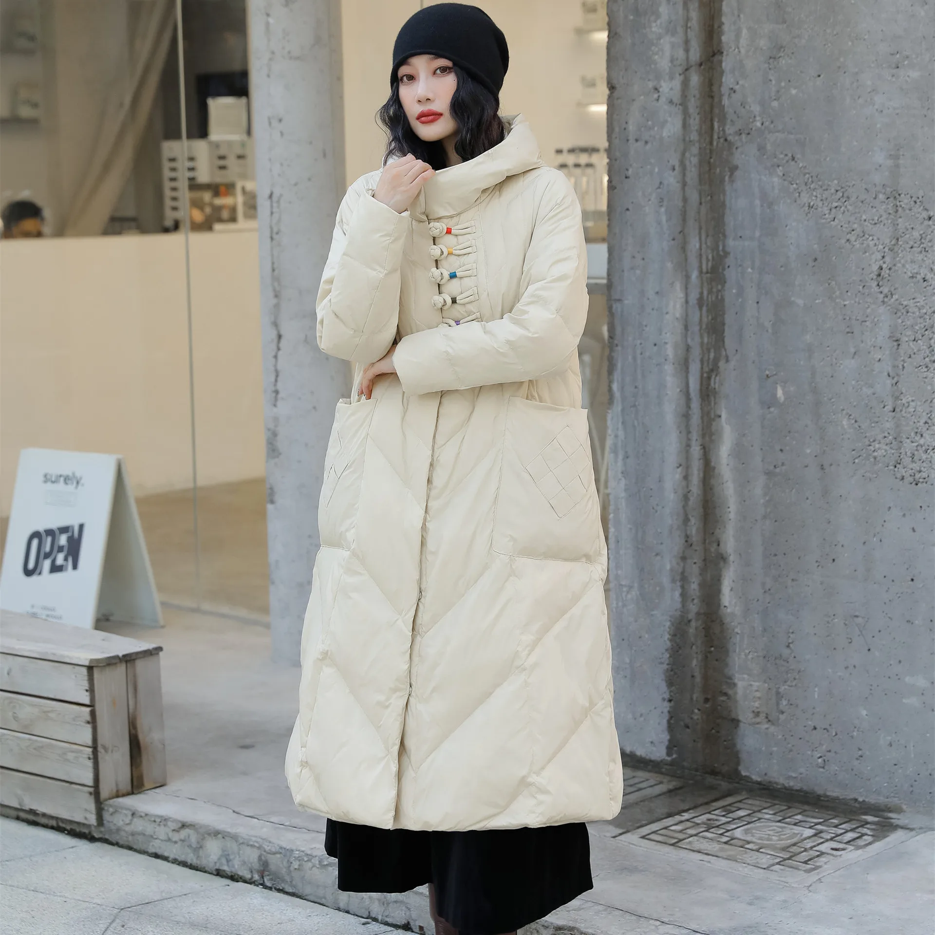 

Women's Long Over-the-knee Hooded Down Jacket Thick Warm Loose Jacket White Duck Down Snow Wear Outwear Casual Fashion NewWinter