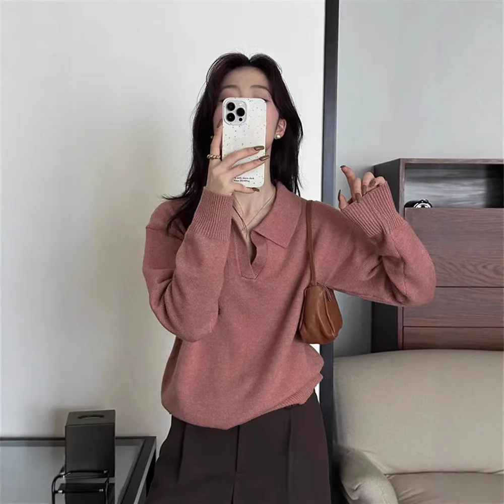 سترة بياقة للنساء لخريف وشتاء 2025 سترة كلاسيكية على طراز هونج كونج على طراز كسول سترة محبوكة غير رسمية للنساء #2