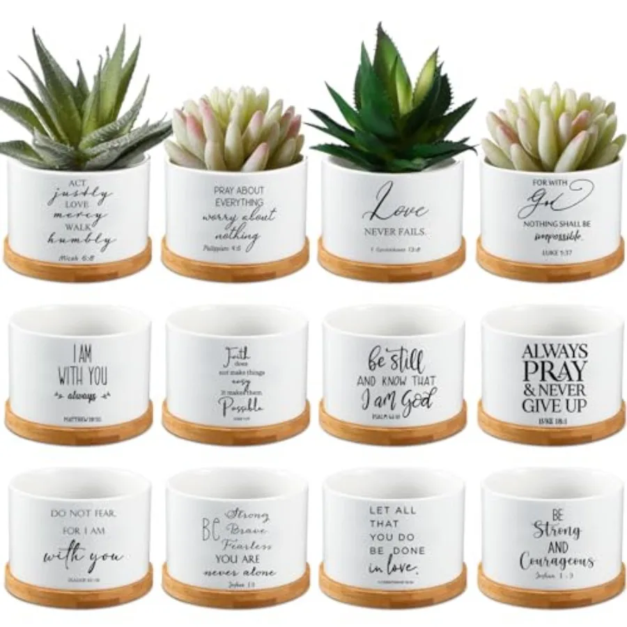 24 Set Christian Easter Gift Bible Verse Succulent Pots with Drainage 3.15 Inch Mini Ceramic Planter Pot with Bamboo Tray Easte