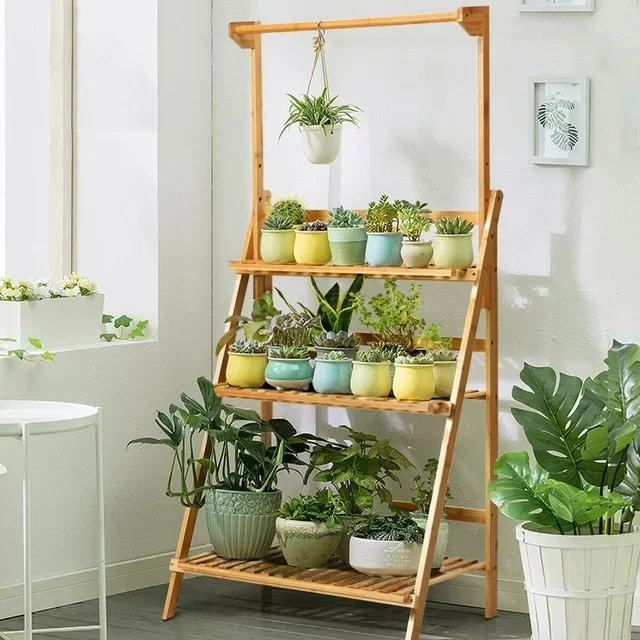 

Rotatable Portable High Quality 3 Tier Bamboo Hanging Folding Plant Shelfpromote sales
