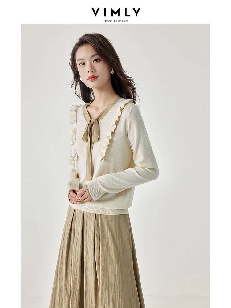 VIMLY  Women's Elegant Commuter Set Autumn Simple Ruffle V-Neck Knit Blouse Top With Lace-up +A-Line Skirt Two Piece Set