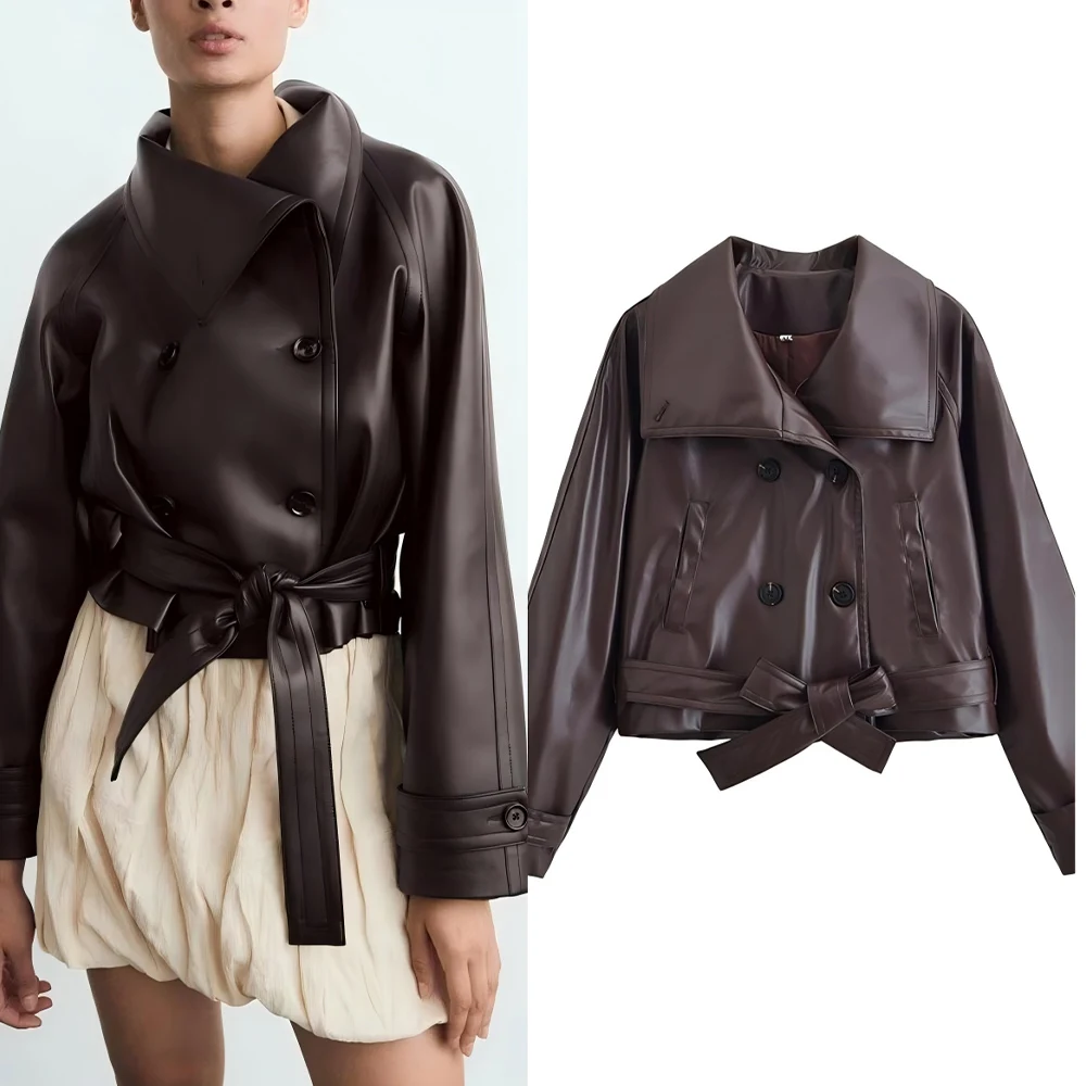 

Women's new fashion With Belt lapel short double breasted faux leather Windbreaker coat retro long sleeved women's coat chic top