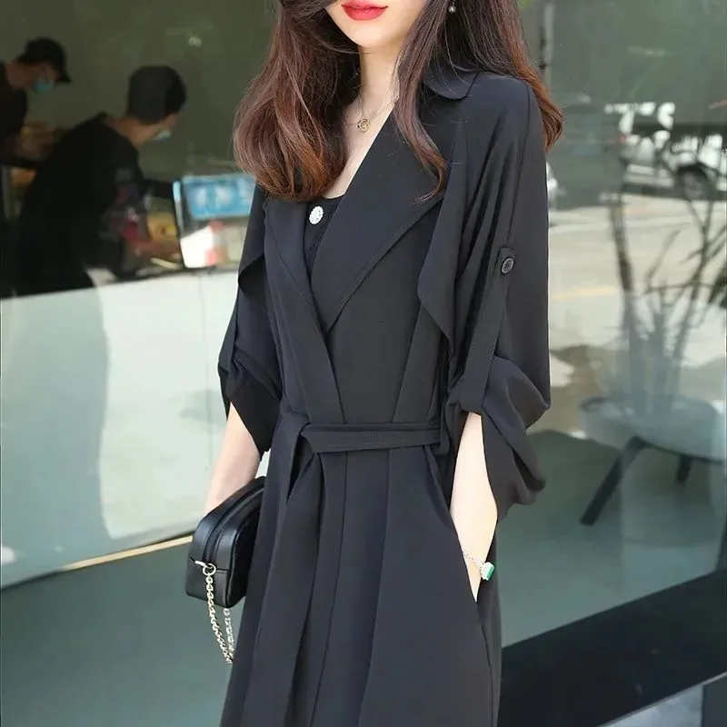 2024 New Spring Autumn Black Windbreaker Women\'s Cardigan Coat Thin Windbreaker Long Fashion Trench Coat Waistband Outwear