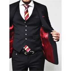 Black With Red Lining Mens Suits Groom Wedding Prom Slim Fit Mens Suits Terno Masculino Suits 3Pcs(Jacket+Pant+Vest)