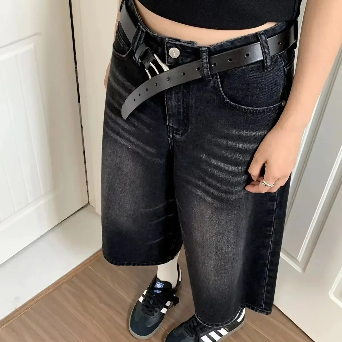 Y2k Retro Women Low Rise Jorts Brushed Black Wash Cropped Baggy Jeans Wide Leg Frayed Denim Short Pants Acubi Fashion