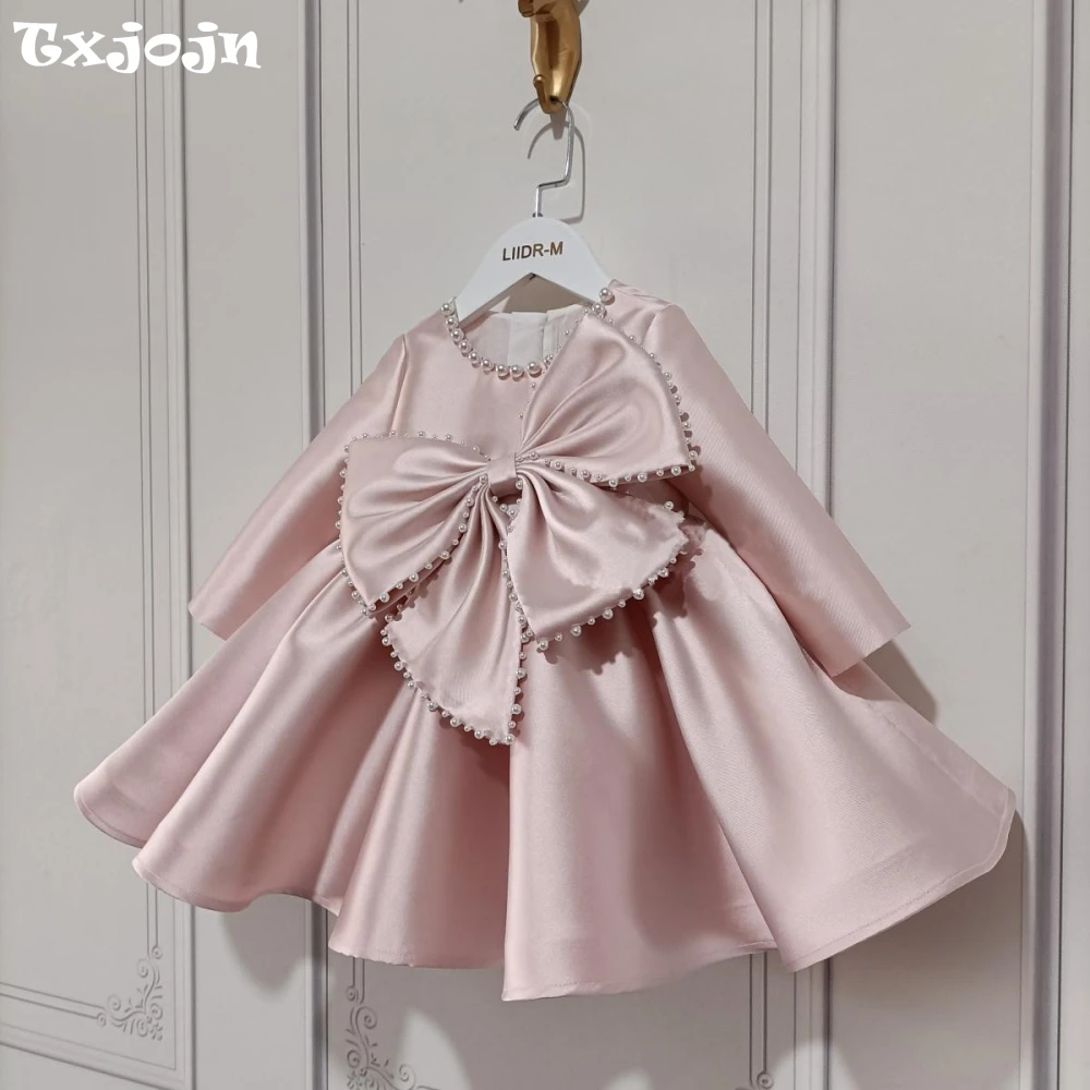 Shiny Pink Pearls Bow A-line MIni Girl Dresses Cute O neck Long Sleeve Kids Princess Gown For Birthday Wedding Party Customized