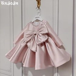Shiny Pink Pearls Bow A-line MIni Girl Dresses Cute O neck Long Sleeve Kids Princess Gown For Birthday Wedding Party Customized