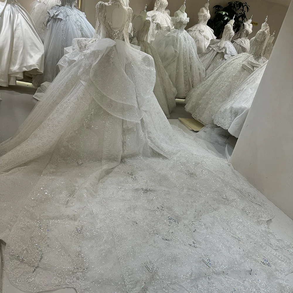 أكمام طويلة مخصصة عالية الرقبة رائع الترتر سباركلي بلورات فستان الزفاف الرسمي زي العرائس Fساتين الحافلة #2