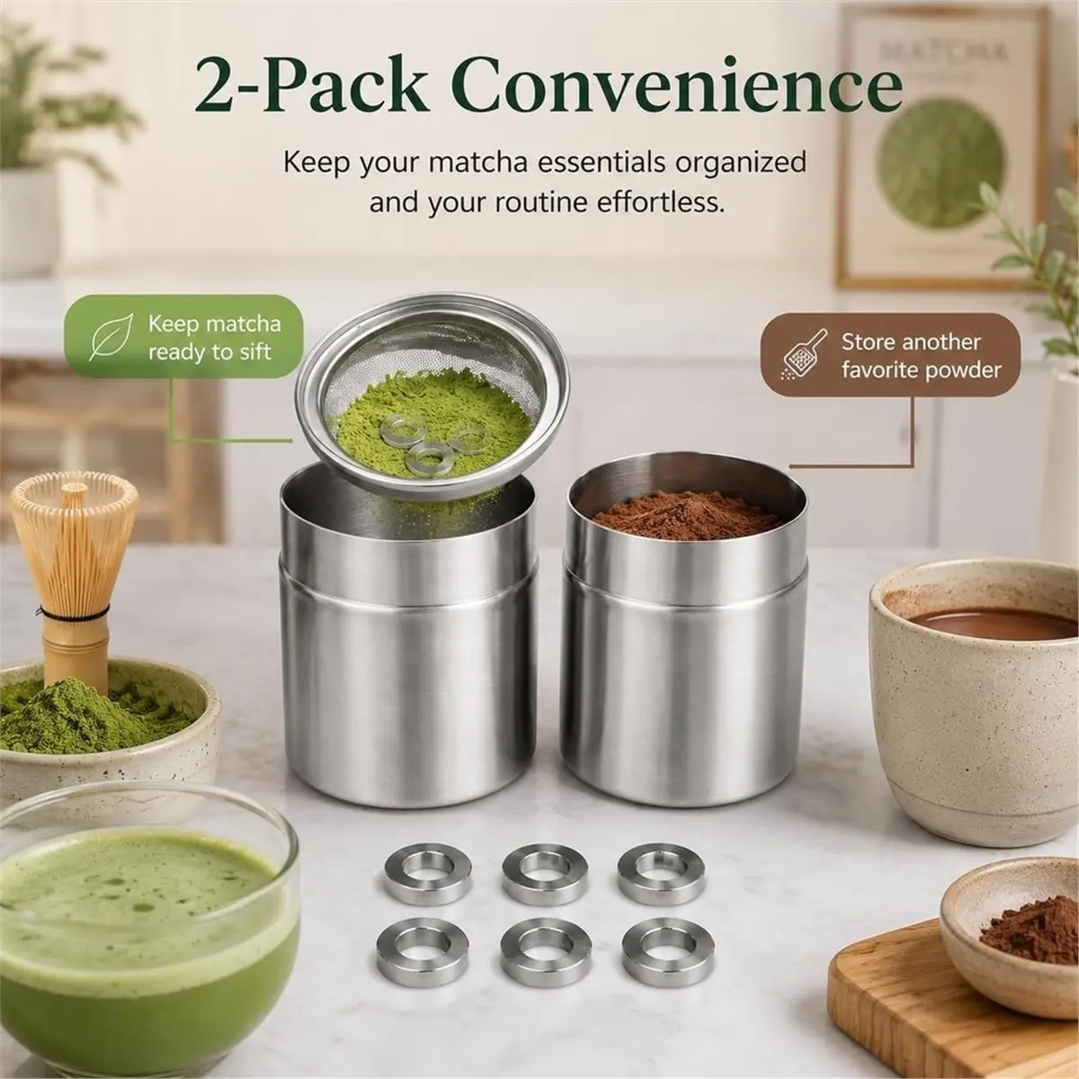 2-Pack Matcha Powder Sifter and Storage Tin Set, Stainless Steel Matcha Shaker Canisters ,for Matcha Latte, Kitchen