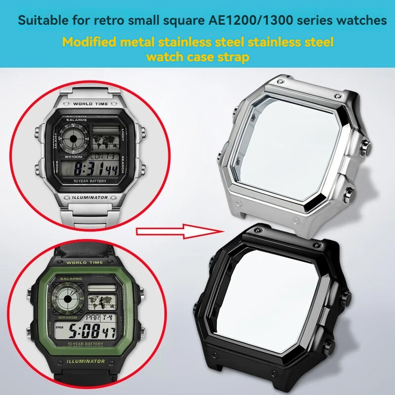 Shenyu Precision Stainless Steel Metal Case For Casio Retro Square 3299 AE-1200 1300 Watch case Stainless Steel Bezel Mod Case