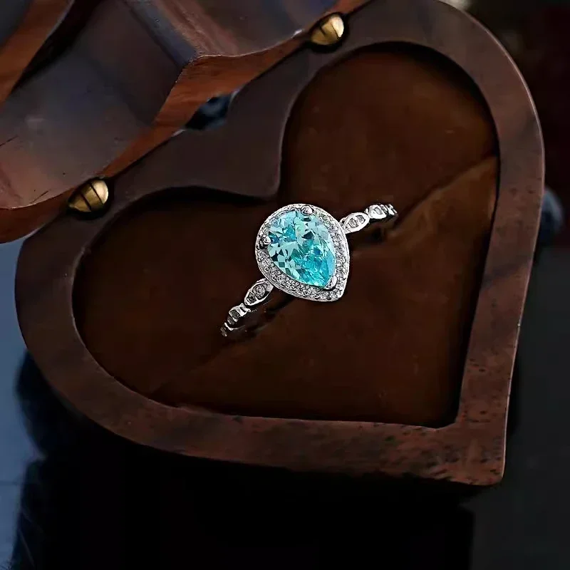 

NEW 925 silver vintage ring with high-end luxury, water droplet, sea blue treasure inlay, cultivated high carbon diamond, sweet