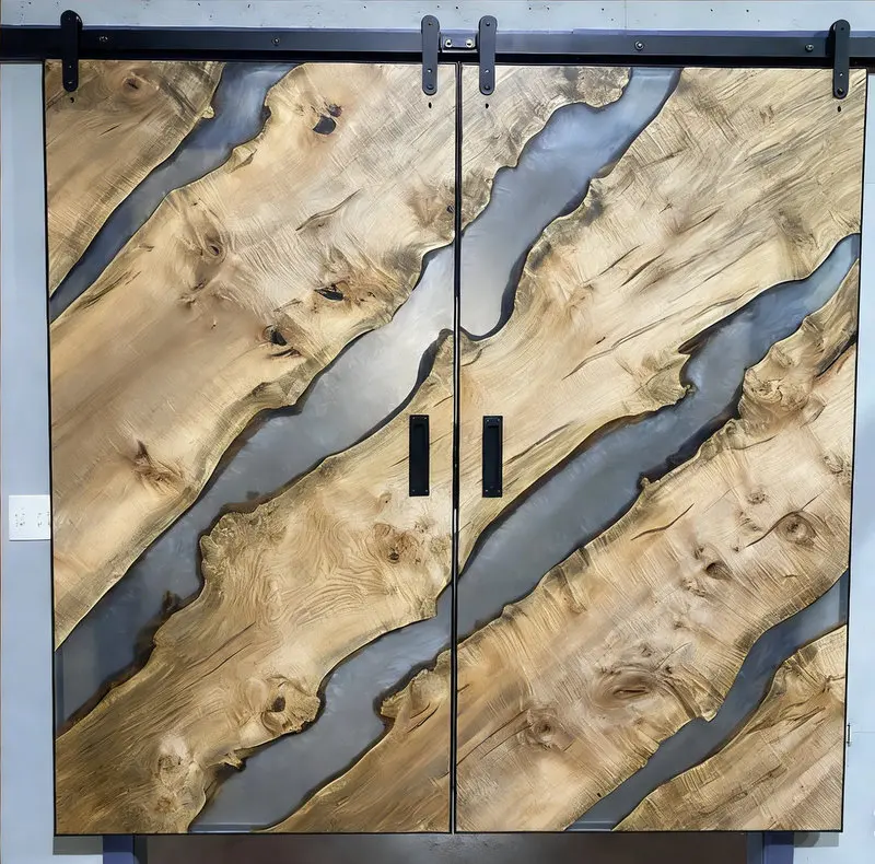 Artistic Custom Wood Barn Door with Resin Inlay for Modern & Rustic Interiors Epoxy Resin Sliding Barn Door
