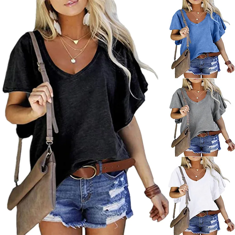 

V-Ne Ruffle Svel ort Sve Pure Color Street Sle Loose Fit T-irt for Women Autumn Season Regular Length Polyes...