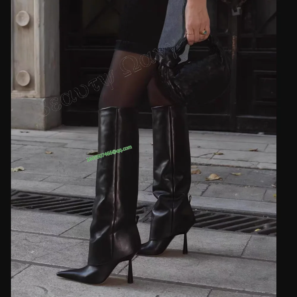 

Black Side Sew Solid Boots Purple New Style Pointed Toe Round Heel Knee High Shoes for Women High Heels Zapatos Para Mujere