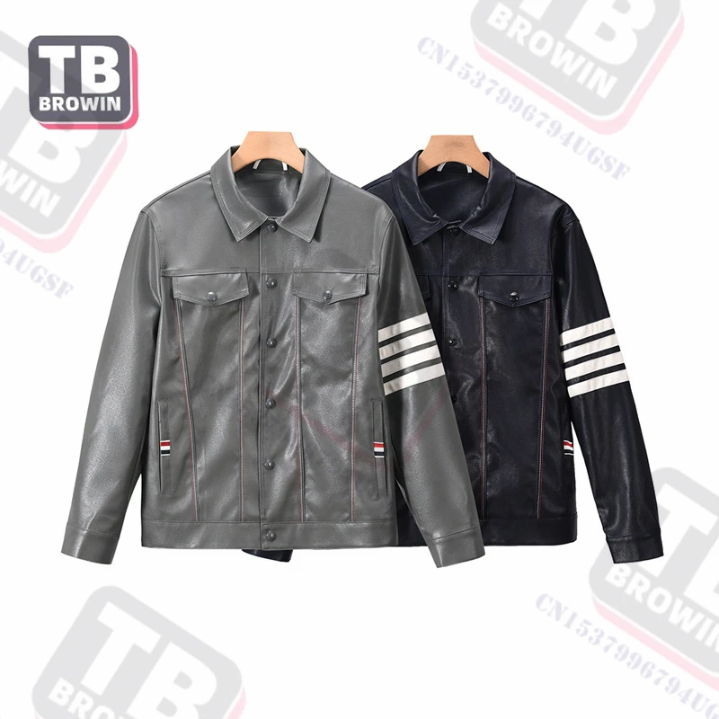 

brand Men's pu jacket coat korean casual lapel pocket slim couple leather Four bars classic striped