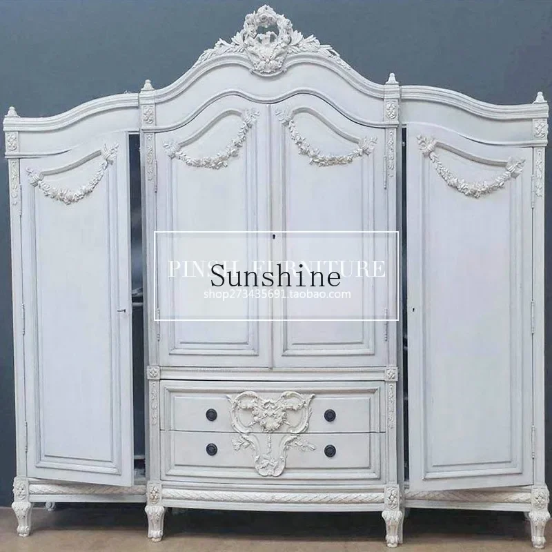 French solid wood old carved large wardrobe retro double door four door wardrobe villa bedroom