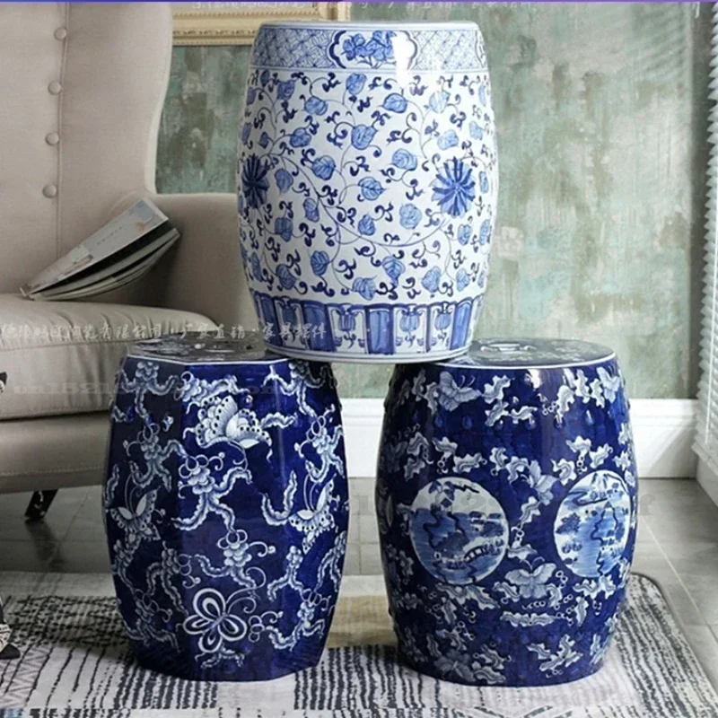 Chinese Hand-painted Blue and White Porcelain Stool, Antique Bathroom Stool, Home Hotel Ceramic Dressing Stool, Height 45cm