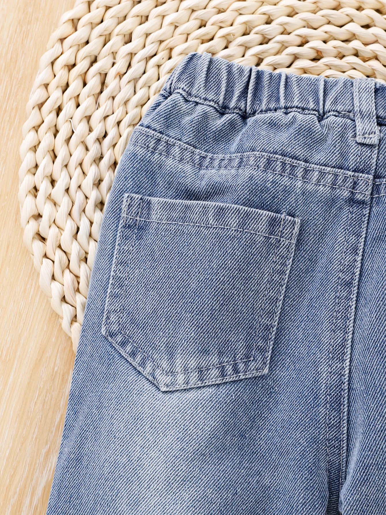 Baby Baby girl denim pants Spring and autumn printed butterfly waist all round elastic spray white denim light blue
