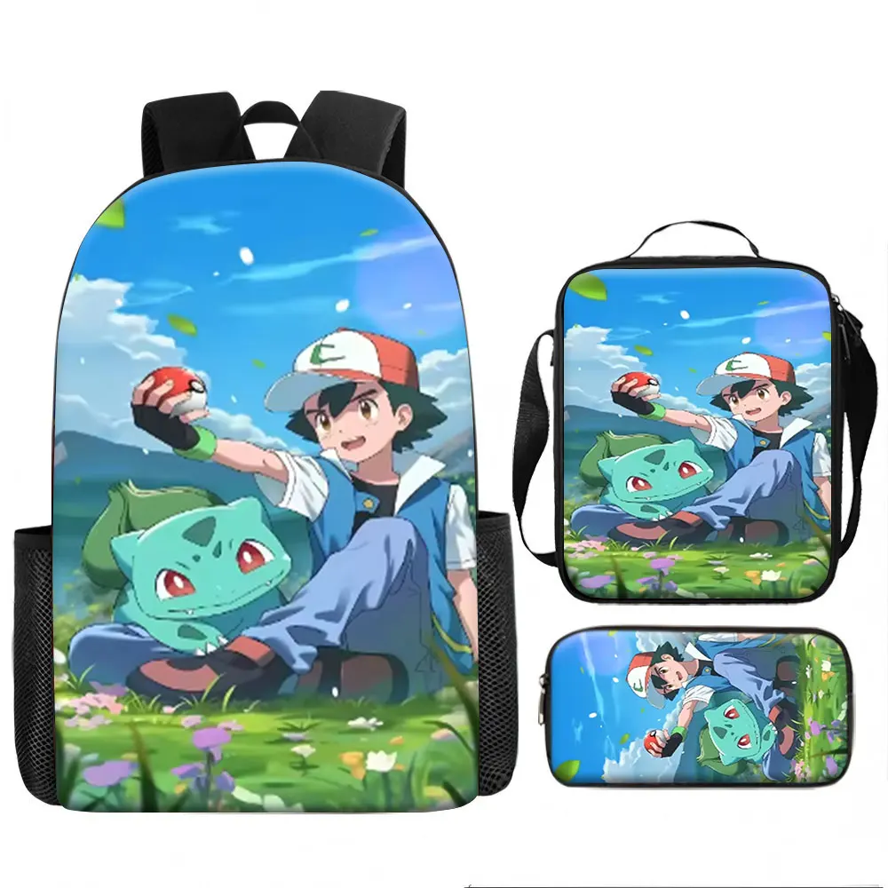 

Kids Bag Pokémon Satoshi and Bulbasaur 3pcs Backpack Set Anime Print Breathable Shoulder Bag Lunch Box Pencil Case for Boys G