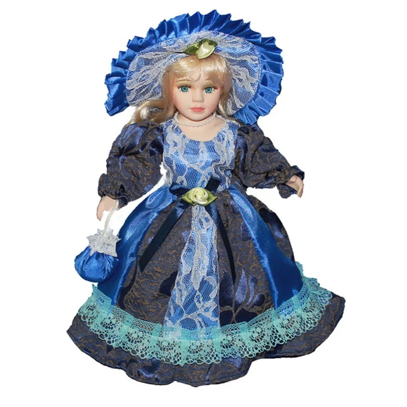 Victorian Porcelain Doll Retro Handicraft Collectible Blue Eyes Hat Dress Handbag Blonde Hair with Stand Home Ornaments