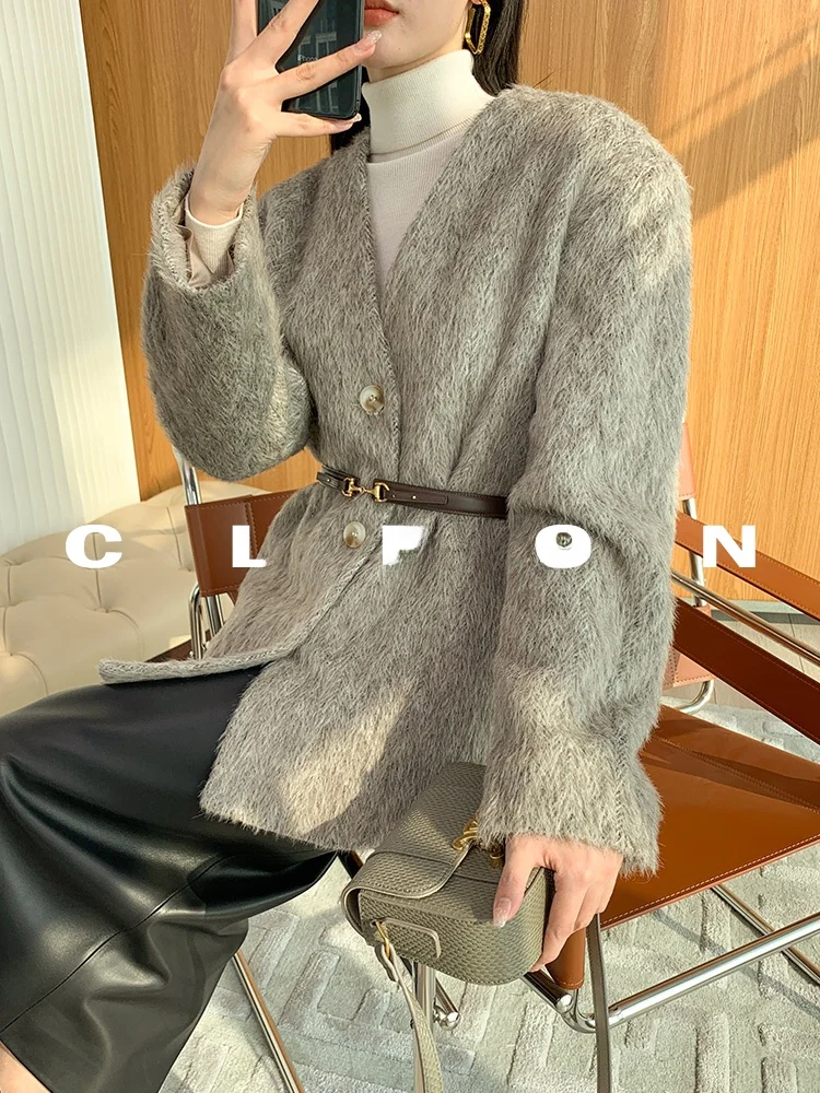 

Kelin Aurora Daytime Thiened ort Woolen Coat for Women V-Ne Single Button Sli Commuter Pure Color Spring